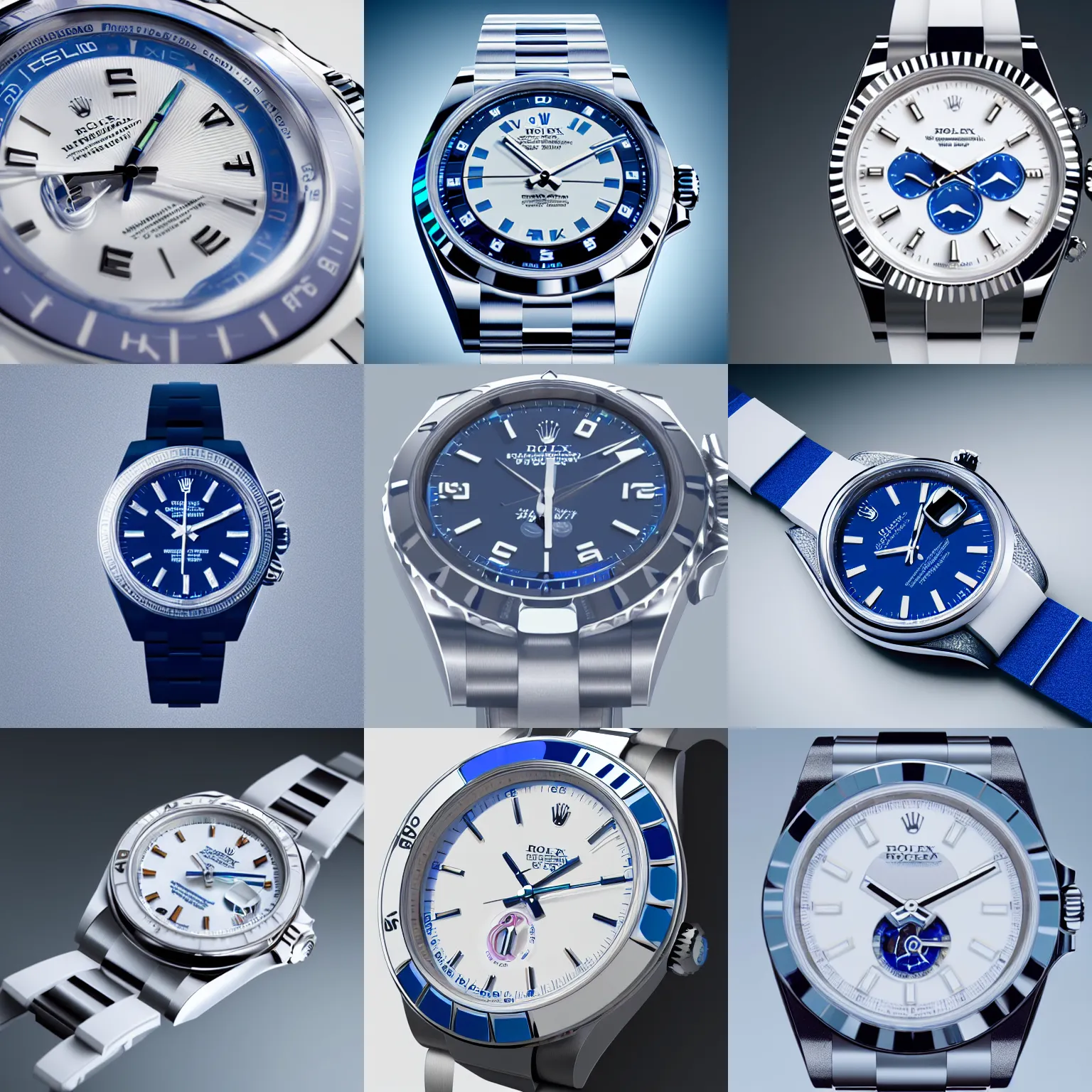 Prompt: futuristic rolex, white, blue, porcelain, studio photo, studio light, high class, octane render, macro lens