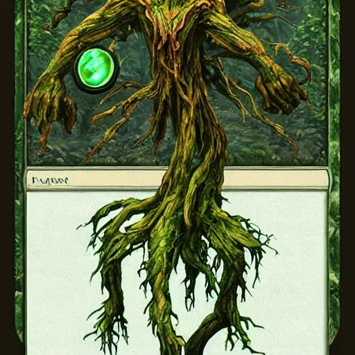 Prompt: giant green old treant creature, elven treant made of leaves and roots, old elven treant, old humanoid ents, elven face, old human face, old humanoid treant, epic fantasy style, green theme, forest background, hearthstone artwork