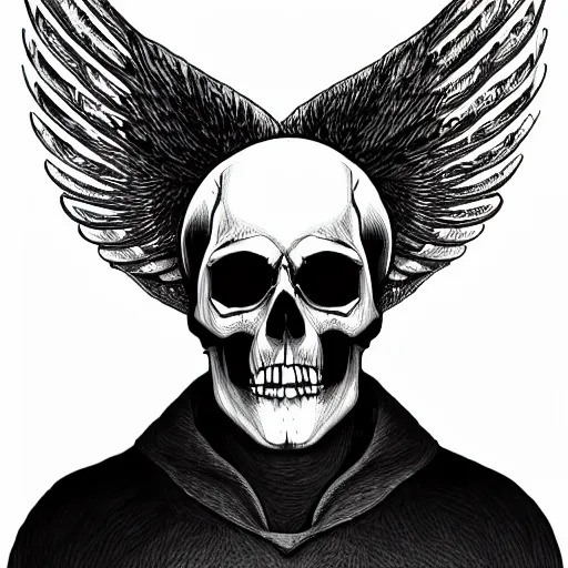 Prompt: high detail digital art of a skull face caught in a ring of fire with angel wings, brain still intact, imperior, flames, death, trending on artation,