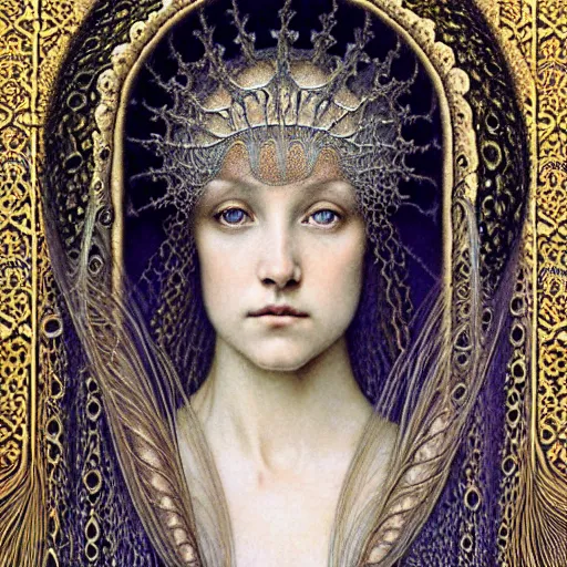 Prompt: detailed realistic beautiful young medieval queen face portrait by jean delville, gustave dore, iris van herpen and marco mazzoni, art forms of nature by ernst haeckel, art nouveau, symbolist, visionary, gothic, pre - raphaelite, fractal lace, surreality, horizontal symmetry, intricate details
