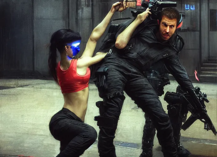 Prompt: Maria evades sgt Nash. Cyberpunk hacker in jumpsuit escaping menacing police troopers (blade runner 2049). beautiful face. roundhouse kick. Iranian orientalist portrait by john william waterhouse and Edwin Longsden Long and Theodore Ralli and Nasreddine Dinet, oil on canvas. Cinematic, hyper realism, realistic proportions, dramatic lighting, high detail 4k