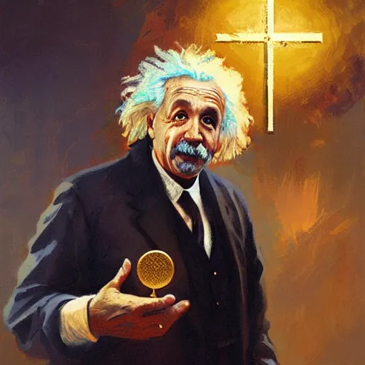 Prompt: Portrait painting of Einstein holding a golden cross by his hands by greg rutkowski and Craig Mullins