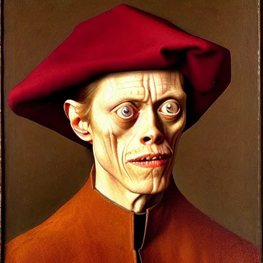 Prompt: portrait of the son of elon willem dafoe steve buscemi, oil painting by jan van eyck, northern renaissance art, oil on canvas, wet - on - wet technique, realistic, expressive emotions, intricate textures, illusionistic detail