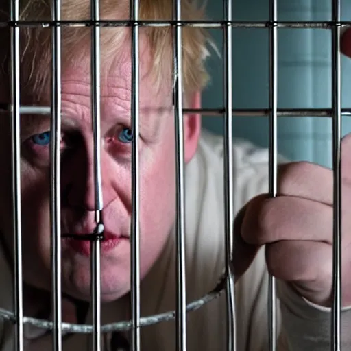 Image similar to movie scene of boris johnson behind bars, photorealistic, highly detailed 8 k