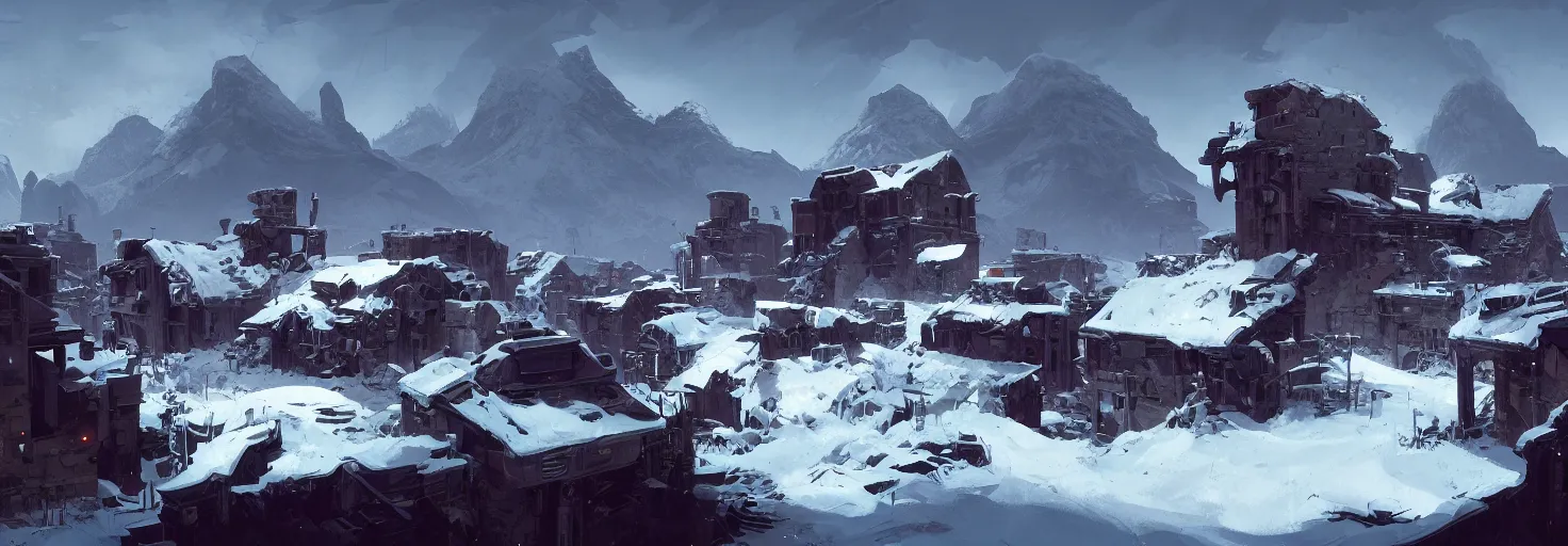 Prompt: ruined village, with the snowy mountains in the background, art by martin deschambault and sergey kolesov and sparth