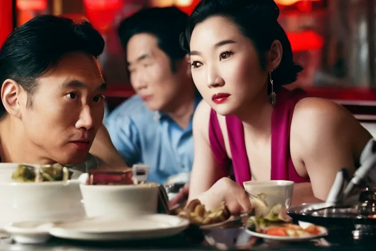 Prompt: movie interior closeup beautiful Asian couple closeup sitting at 50s diner, night in the city, beautiful skin, by Emmanuel Lubezki