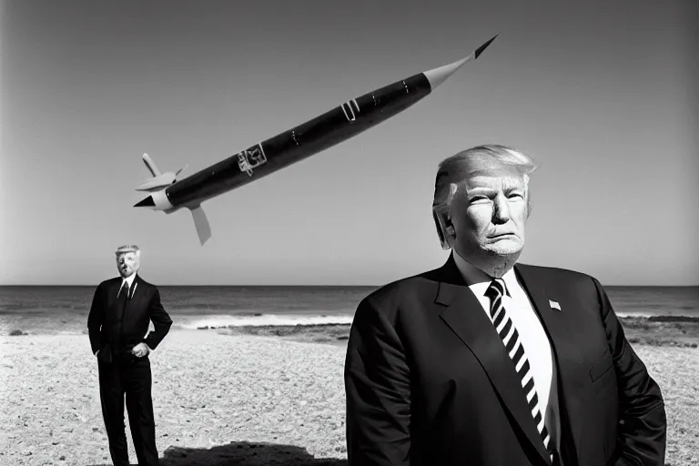 Image similar to closeup portrait of donald trump at a beach resort with a nuclear warhead in the background, natural light, sharp, detailed face, magazine, press, photo, steve mccurry, david lazar, canon, nikon, focus