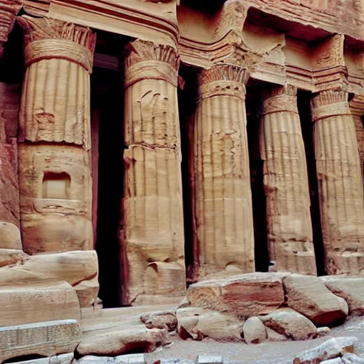 Prompt: the temple of petra with the pillars carved as anime characters