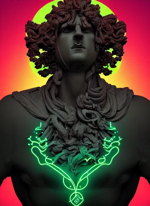 Image similar to statue of dionysus, beeple, dan mumford, vaporwave, retrowave, black background, neon wiring, black, glitch, strong contrast, cuts, pinterest, trending on artstation