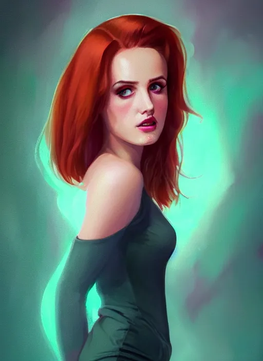 Prompt: full body portrait of teenage cheryl blossom, bangs, green eyes, mischievous expression, red hair, sultry smirk, bangs and wavy hair, intricate, elegant, glowing lights, highly detailed, digital painting, artstation, concept art, smooth, sharp focus, illustration, art by wlop, mars ravelo and greg rutkowski