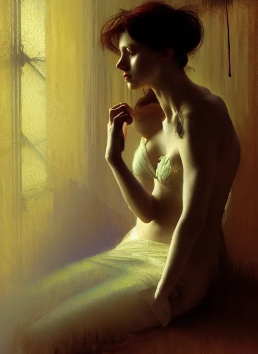 Image similar to a portrait of beautiful woman sitting on the floor, inside an old apartment, detailed oil painting, misty, ethereal, soft lighting, by craig mullins and alphonse mucha and jeremy mann