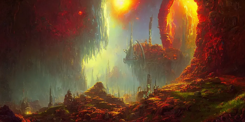 Image similar to fantasy world portal by Paul Lehr dramatic lighting, cinematic establishing shot, extremely high detail, photorealistic, cinematic lighting