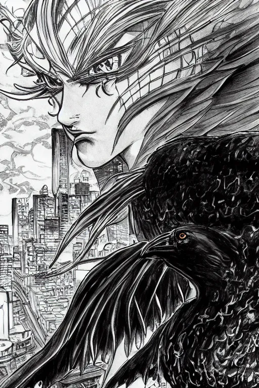 Prompt: portrait black raven bird cthulhu by yusuke murata and masakazu katsura, artstation, highly - detailed, cgsociety, artstation, pencil and ink, fighting pose, city in the background, dark colors, detailed face