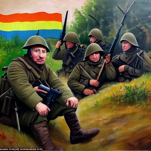 Image similar to Putin is sitting in the trenches and defending himself from Ukrainian troops, modern painting style