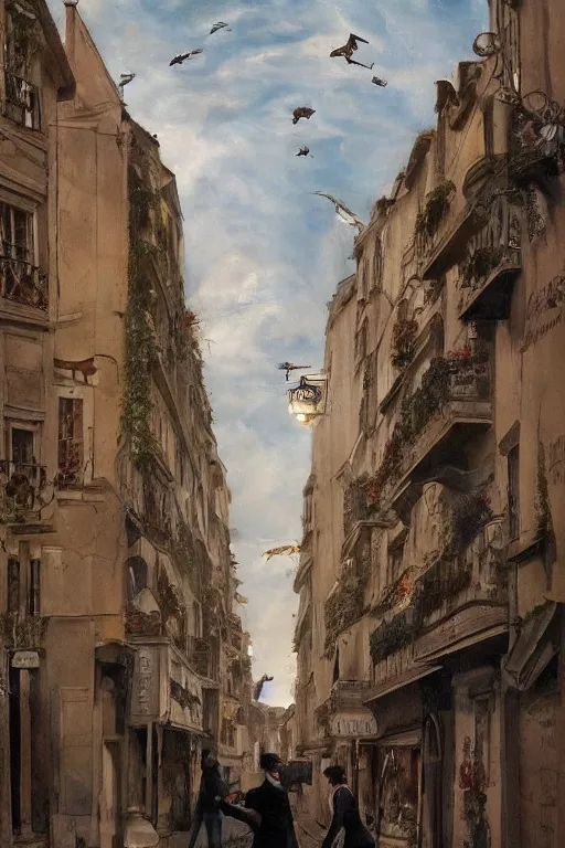 Image similar to in the foreground a Parisian street, in the background a dark-haired man from behind wearing a long matrix style jacket and starting to fly away, realistic, high definition, great detail, dramatic scene, detailed and realistic hands, symmetrical face, realistic eyes, art of franck miller