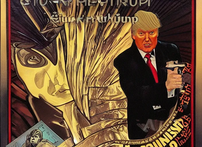 Image similar to film still donald trump wearing leather coat as a detective in blade runner, 8 k by alphonse mucha