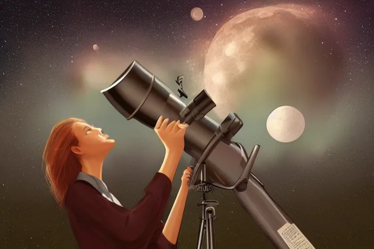 Prompt: an astronomy teacher looking up on a telescope, moon, clear skies, starry skies by Charlie Bowater