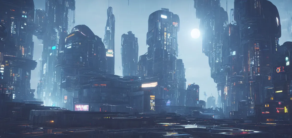 Prompt: a half moon in the dark night shining on the cyberpunk futuristic city, cinematic, realistic, render in unreal engine 5