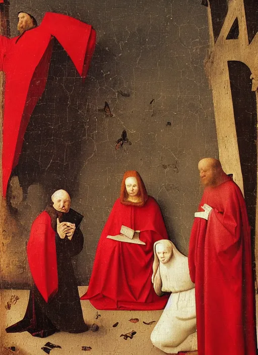 Prompt: fallen angels dressed in red reading the bible and arguing in Tuscany by Jan van Eyck, Hieronymus Bosch, Johannes Vermeer 4k post-processing, highly detailed medieval painting