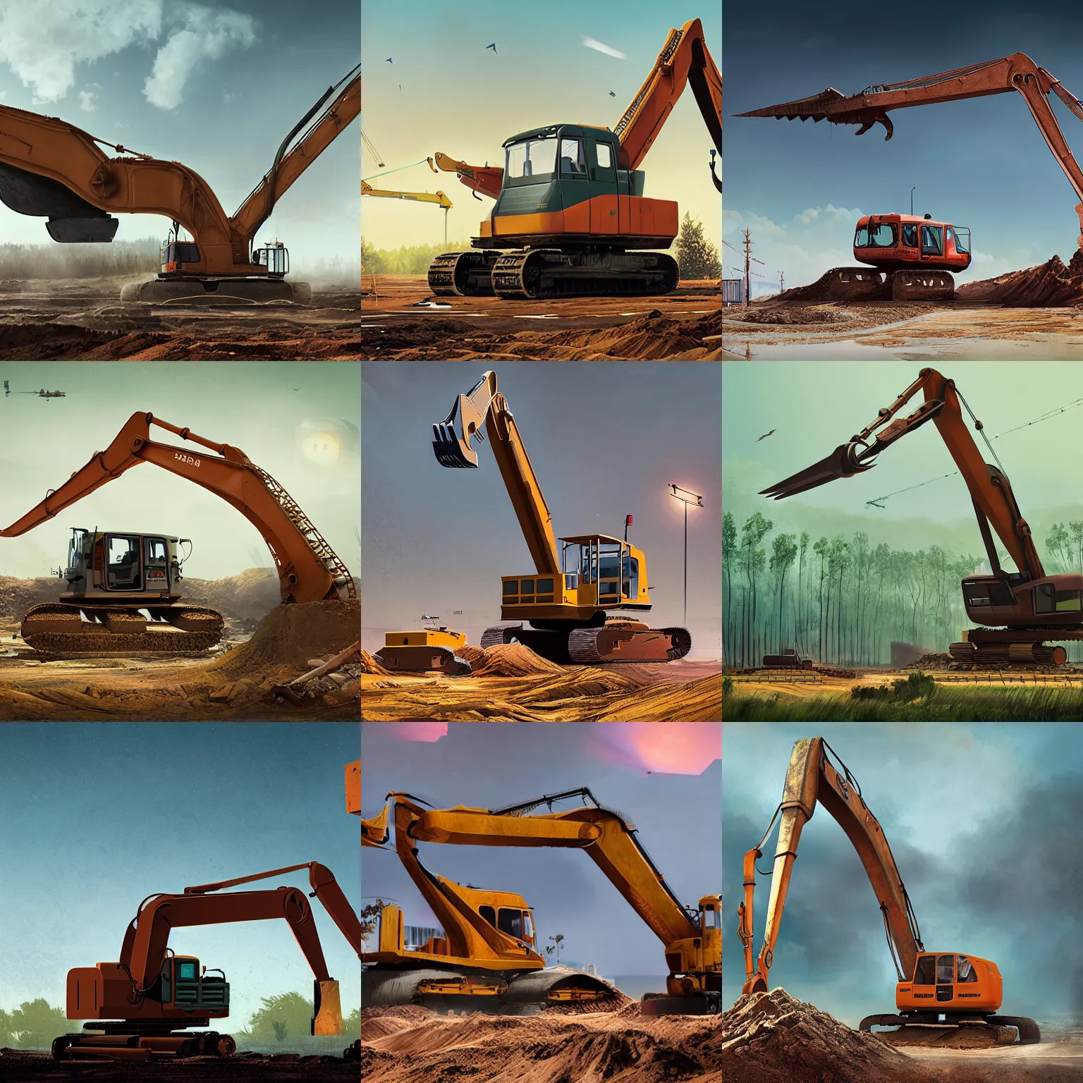 Prompt: commercial photograph of an excavator construction machine that looks like a t-rex, paleoart by simon stålenhag