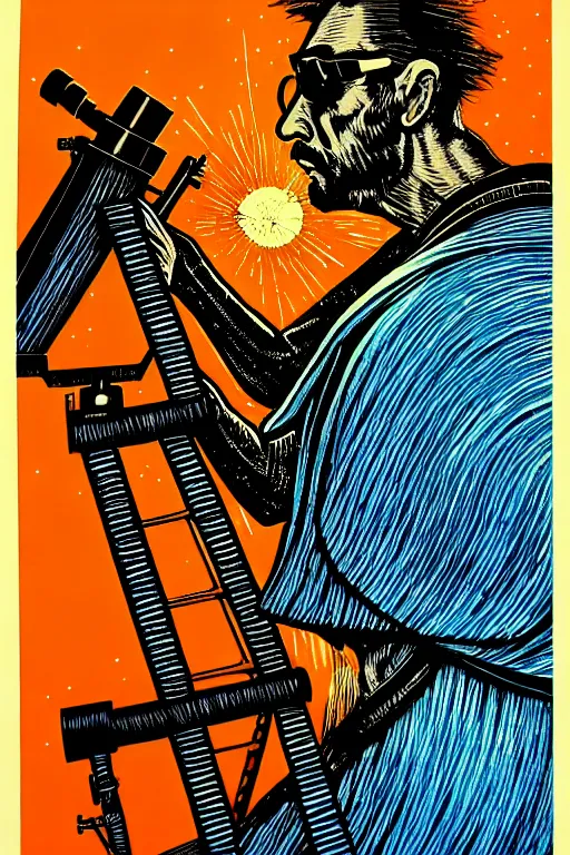 Prompt: wizard looking into a telescope, high details, intricately detailed, by vincent di fate, inking, 3 color screen print, masterpiece, trending on artstation,, sharp, details, hyper - detailed, hd, 4 k, 8 k