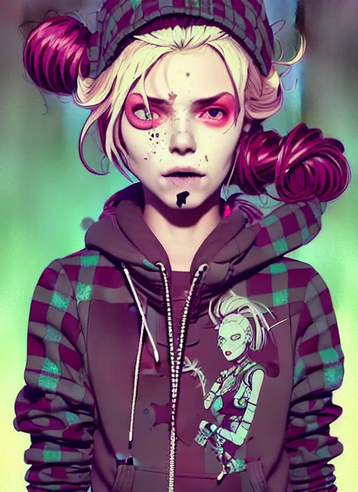 Image similar to highly detailed portrait of a sewer punk lady, tartan hoody, blonde ringlet hair by atey ghailan, by greg rutkowski, by greg tocchini, by james gilleard, by joe fenton, by kaethe butcher, gradient magenta, black, blonde cream and white color scheme, grunge aesthetic!!! ( ( graffiti tag wall background ) )