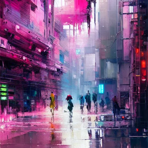 Prompt: acrylic painting, impressionism and expressionism, bold colors, expressive brushstrokes. a city street with pink flowers, cyberpunk art by wadim kashin, cgsociety, panfuturism, cityscape, dystopian art, anime aesthetic