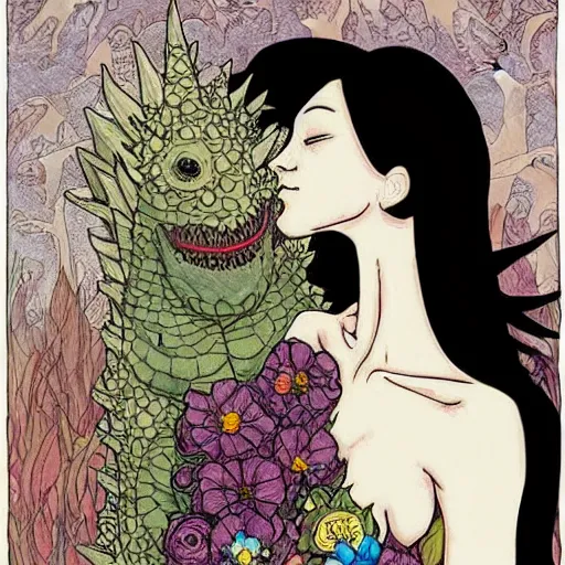 Prompt: godzilla smelling flowers, in the style of chiara bautista, mucha