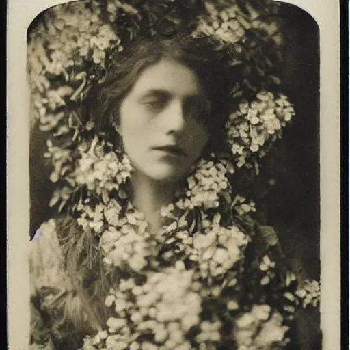 Image similar to portrait of a beautiful woman corpse covered in flowers, 1910 polaroid photography,