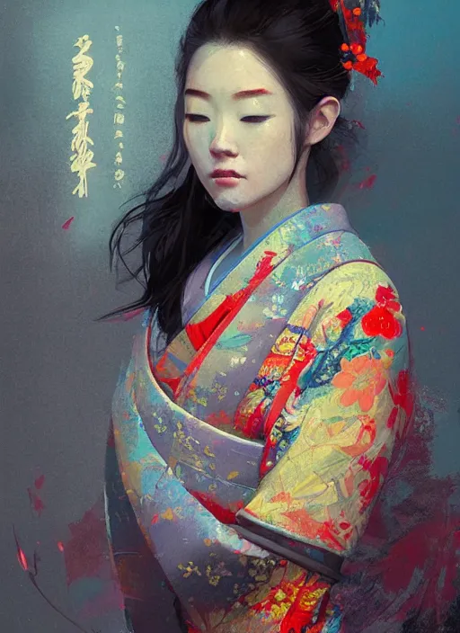 Image similar to female geisha girl, beautiful face, colourful, rule of thirds, intricate outfit, spotlight, by greg rutkowski, by jeremy mann, digital painting