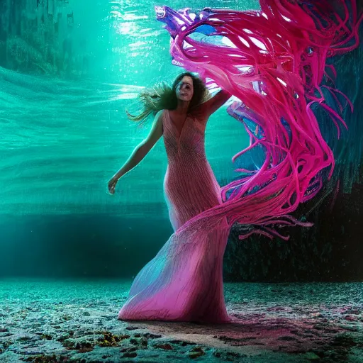 Prompt: jennifer connelly dancing underwater wearing a very long dress made of a chaos of neon colors and lights flowing sideways in a strong current of water, coral sea bottom, octane render, caustics lighting from above, cinematic, hyperdetailed