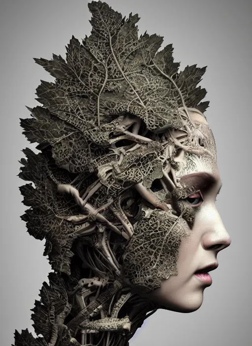 Image similar to a female android's face in profile, made of leaf skeletons, in the style of the Dutch masters and Gregory Crewdson, dark and moody intricate traditional Chinese textures, rococo decorations, hyper detail, Unreal engine,Octane render, by Karol Bak