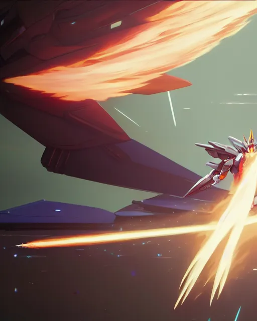 Image similar to highly detailed vfx portrait of a gundam with wings of feathers beam saber fighting in space with a beam gun, unreal engine, greg rutkowski, loish, rhads, beeple, makoto shinkai and lois van baarle, ilya kuvshinov, rossdraws, tom bagshaw, alphonse mucha, global illumination, detailed and intricate environment