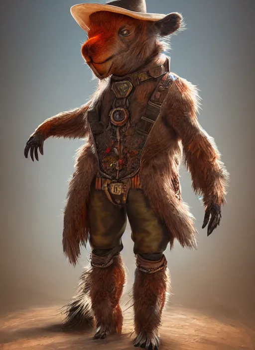 Image similar to detailed full body concept art illustration oil painting of an anthropomorphic capybara cowboy in full intricate clothing, biomutant, ultra detailed, digital art, octane render