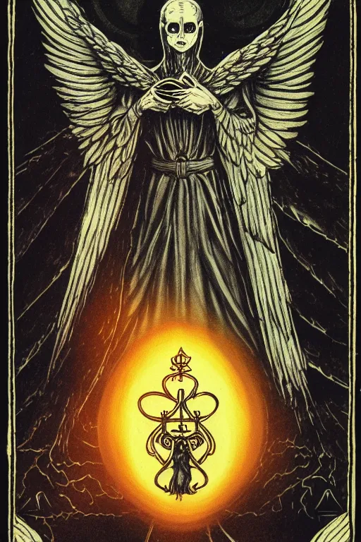 Image similar to dlsr photo of the tarot card illustration of an envoked dark angel holding a book of necronomicon, symmetrical, cinematic, sharp focus, 4 k, ultra hd, sense of awe, sinister demonic atmosphere, dreadful, forbidden knowledge, old gods. demonology journal cover