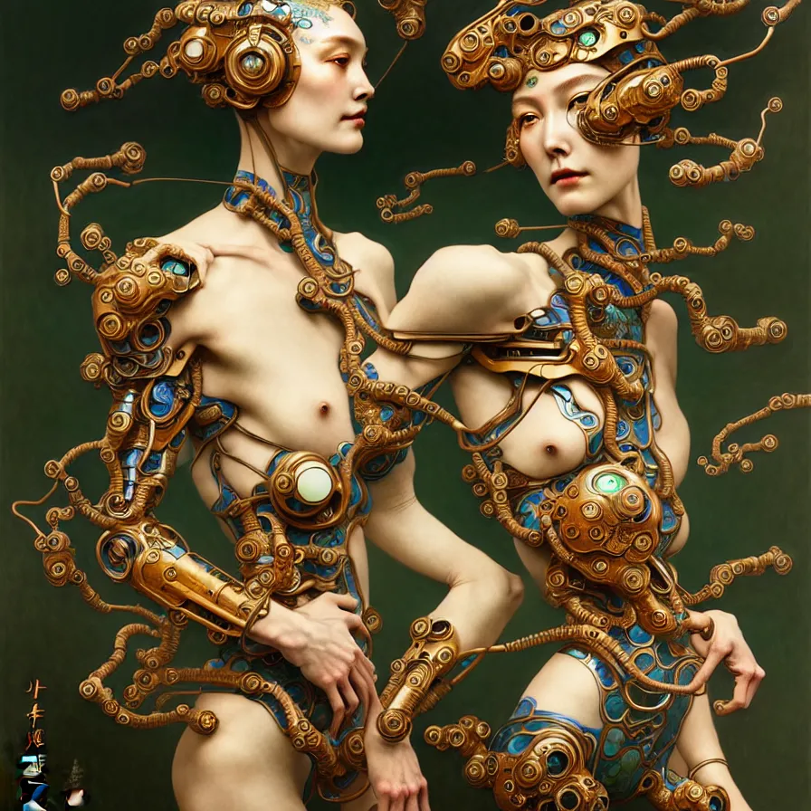 Prompt: organic cyborg, chinese cloisonne porcelain, diffuse lighting, fantasy, intricate, elegant, highly detailed, lifelike, photorealistic, digital painting, artstation, illustration, concept art, smooth, sharp focus, art by john collier and albert aublet and krenz cushart and artem demura and alphonse mucha