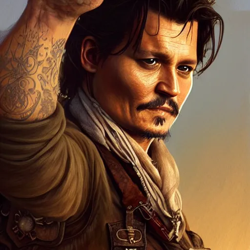 Image similar to Johnny Depp as Nathan Drake, western, D&D, fantasy, intricate, elegant, highly detailed, digital painting, artstation, concept art, matte, sharp focus, illustration, art by Artgerm and Greg Rutkowski and Alphonse Mucha