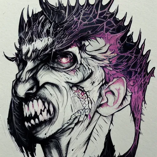 Image similar to portrait daebak face head eyes tie-die dragon bahamut stencil tombow inkstain chris cold jean paul laurens greg rutkowski maximilian pirner