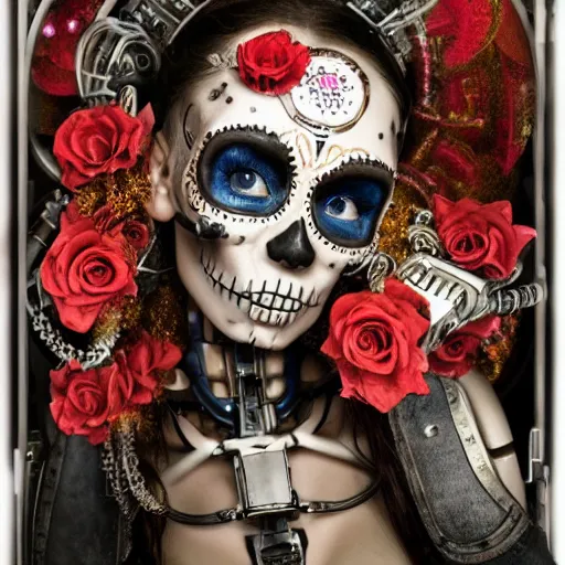 Prompt: a beautiful intricate fine art portrait photo of a a mechanical industrial steampunk cybernetic robot with sugar skull makeup, by tom bagshaw and zach sutton, roses surrounding the robot, perfection!, milk bath photography, studio lighting, 35mm lens, very detailed, bionic, cybernetic scifi, deep depth of field, artstation, 8K, highly coherent