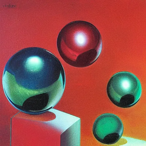 Prompt: chrome spheres on a red cube by edward robert hughes