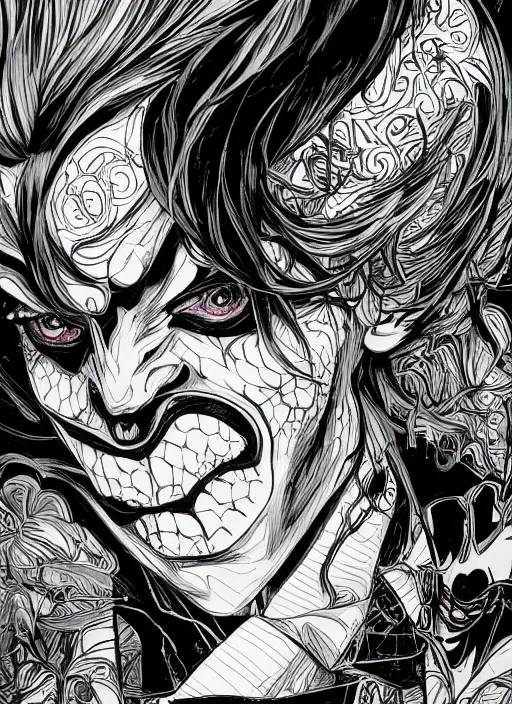 Image similar to portrait of joker from persona, an ultrafine detailed illustration by james jean, intricate linework, bright colors, final fantasy, behance contest winner, vanitas, angular, altermodern, unreal engine 5 highly rendered, global illumination, radiant light, detailed and intricate environment