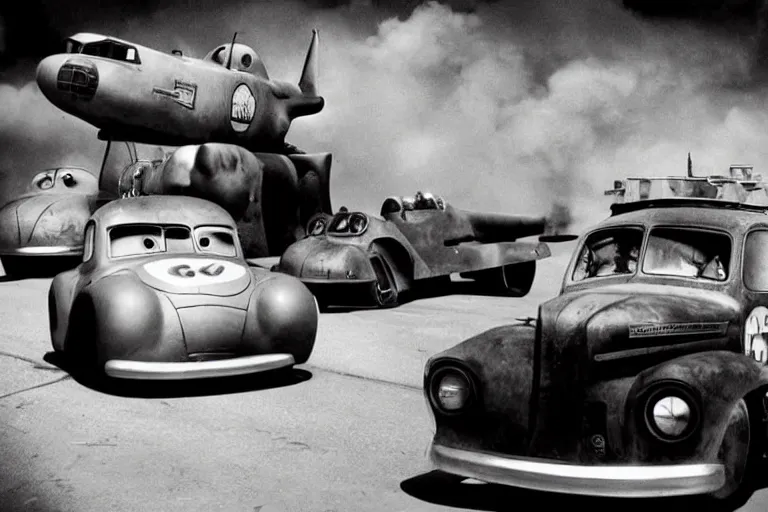 Prompt: mia and tia from the movie cars as war machines. photograph 35mm. ww2 footage. black and white.