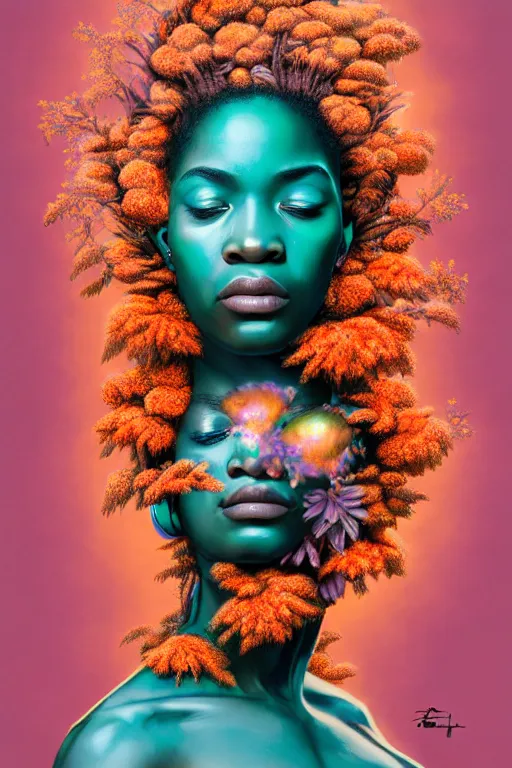 Image similar to hyperrealistic post - rococo cinematic super expressive! yoruba goddess with exoskeleton armor, merging with tree in a forest, pink orange flowers, highly detailed digital art masterpiece, smooth cam de leon eric zener dramatic pearlescent soft teal light, ground angle hd 8 k, sharp focus