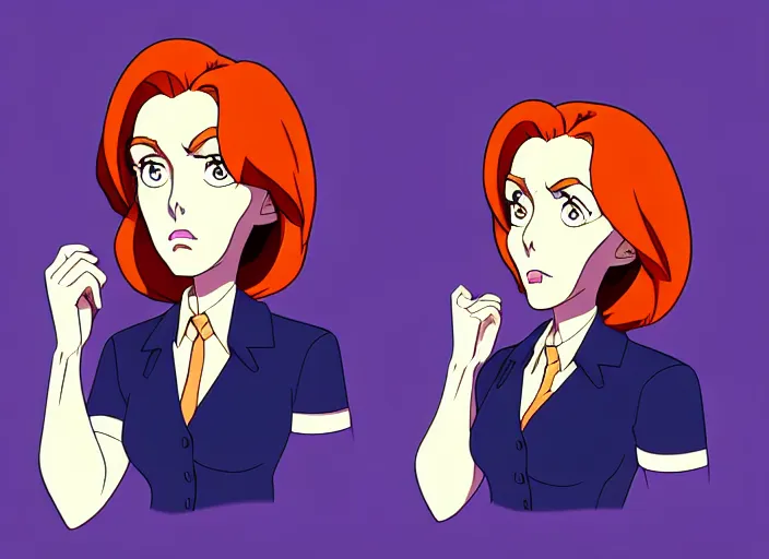 Prompt: a shaded animation cel of dana scully, sharp detail, realistic anatomy, in the style of western cartoons, by filmation, toei animation, studio trigger, studio ghibli, 5 k, artstation trending