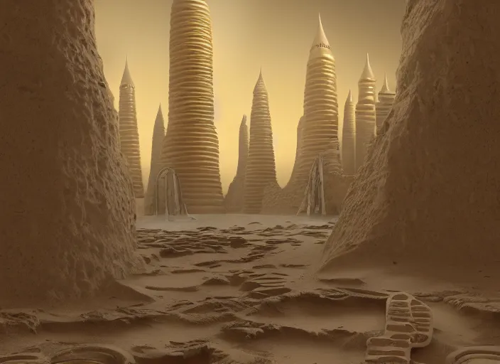 Prompt: cover concept art of the lost sand city, levitating rock piles, golden towers, golden pillars, palm trees, space and time, floating objects, post-processing, in the style of Hugh Ferriss, Behance, Artgerm. High detail, ultra realistic render, octane, 3D, photorealism, symmetric, cinematic from the umbrella academy