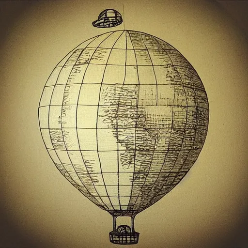 Image similar to “an old technical sketch on parchment of a hot air balloon between clouds, the balloon fabric is made of a spherical world map of the earth. sepia”