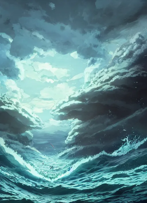 Image similar to An epic fantastic atmospheric comic book style painting of a ancient godnesses battling over the sea, fisheye lens, Makoto Shinkai, Ghibli, atmospheric, concept art, saturation 8，DAZ, dynamic lighting