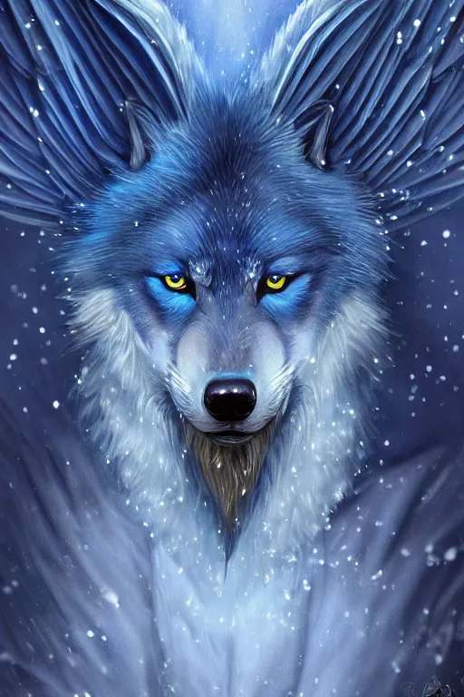 Image similar to blue wolf with wings, facing front, regal, elegant, winter, snow, beautiful, stunning, hd, illustration, epic, d & d, fantasy, intricate, elegant, highly detailed, digital painting, artstation, concept art, smooth, sharp focus, illustration, wallpaper, art by artgerm and greg rutkowski and alphonse mucha and jin xiaodi