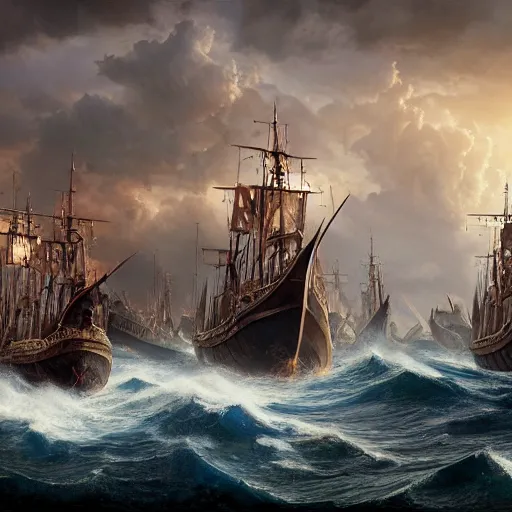 Prompt: An Epic viking sea battle, realistic 4k octane beautifully detailed render, 4k post-processing, highly detailed, intricate complexity, epic composition, magical atmosphere, cinematic lighting, masterpiece, ultra hd, Greg Hildebrandt and Greg rutkowski