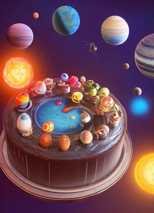 Image similar to a cake with all planets on it, au naturel, hyper detailed, digital art, trending in artstation, cinematic lighting, studio quality, smooth render, unreal engine 5 rendered, octane rendered, art style by pixar dreamworks warner bros disney riot games.